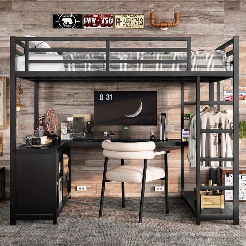 Black Metal Loft Bed with Wardrobe and L-Shaped Desk, Twin Size, Storage Shelves, for Kids Teens Adults