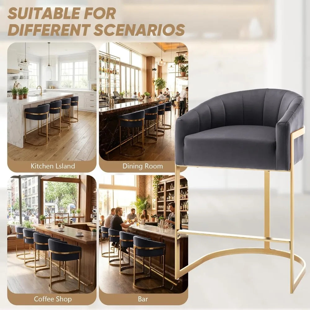 27" Counter Height Bar Stools Set of 2, Gold Velvet Barrel Stools with Back, Gray