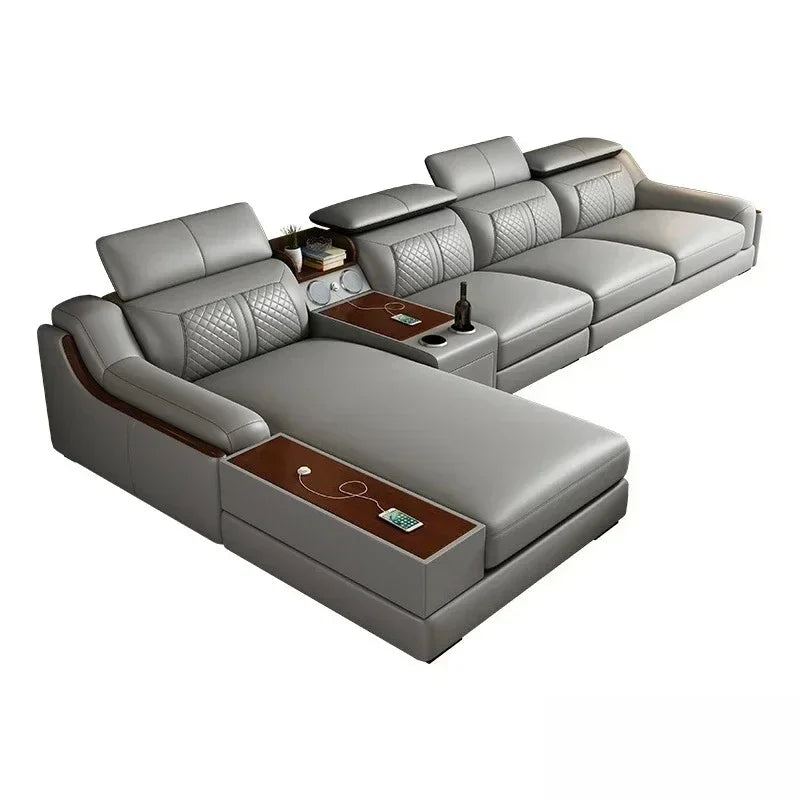 Stylish Italian Genuine Leather Sofa for Living Room with USB, Adjustable Headrests & Bluetooth Speaker
