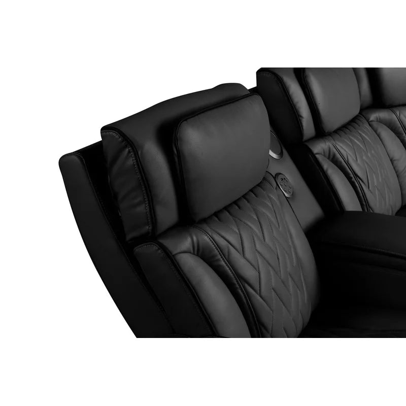 117" Black Leather Reclining Sectional Sofa with Power Headrest