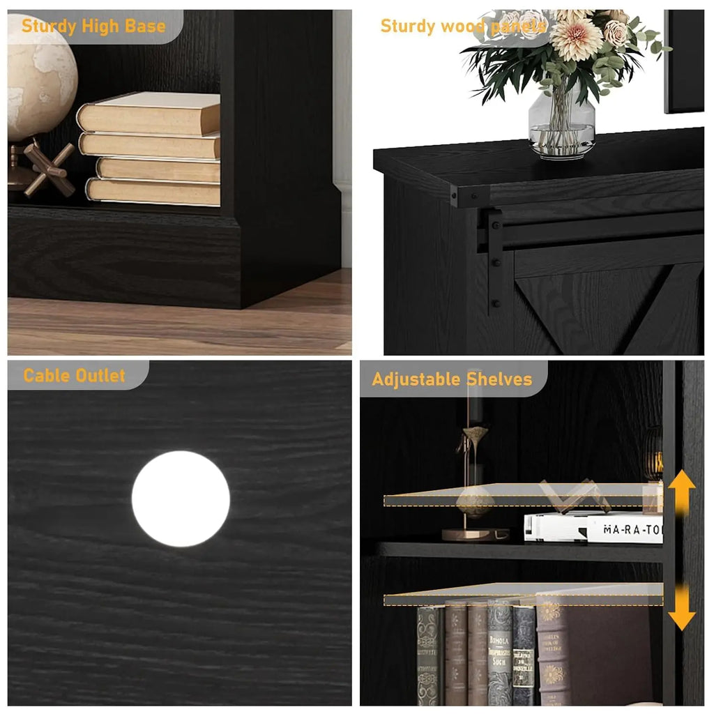 Farmhouse TV Stand 70/75/80 Inch, Entertainment Center With Sliding Barn Doors, Storage Console Living Room, Black, Customized