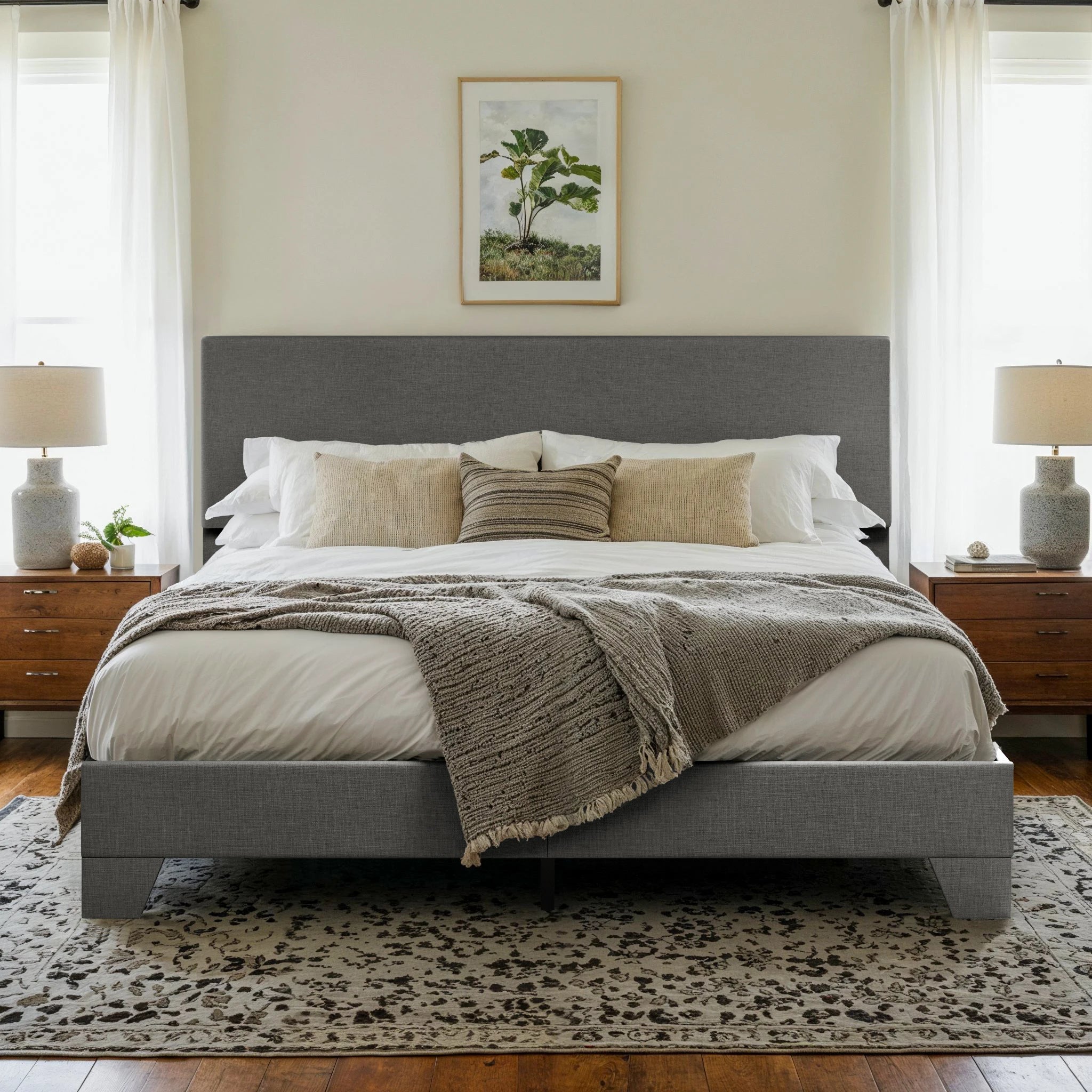 Upholstered Bed Frame with Adjustable Headboard, Soft Linen Fabric