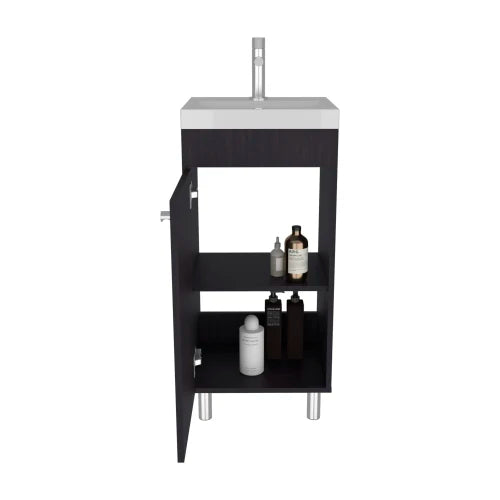 Independent bathroom vanity with one door, two shelves