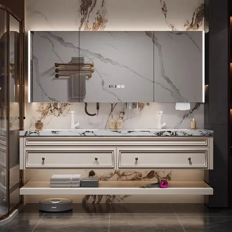 French-Style Seamless Integrated Double Basin Oak Bathroom Vanity