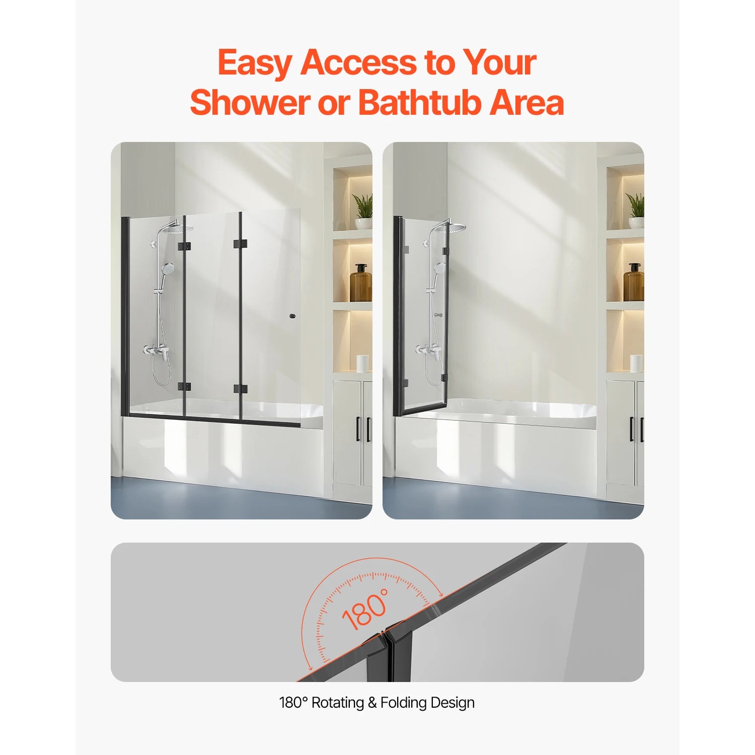 SucceBuy Bathtub Shower Door 51x 56 in Frameless Tri-Fold with 1/4 in Tempered Glass Door 180°Rotating and Folding for Bathtub