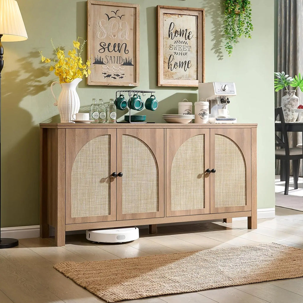 Black Rattan Sideboard Buffet Cabinet With Storage