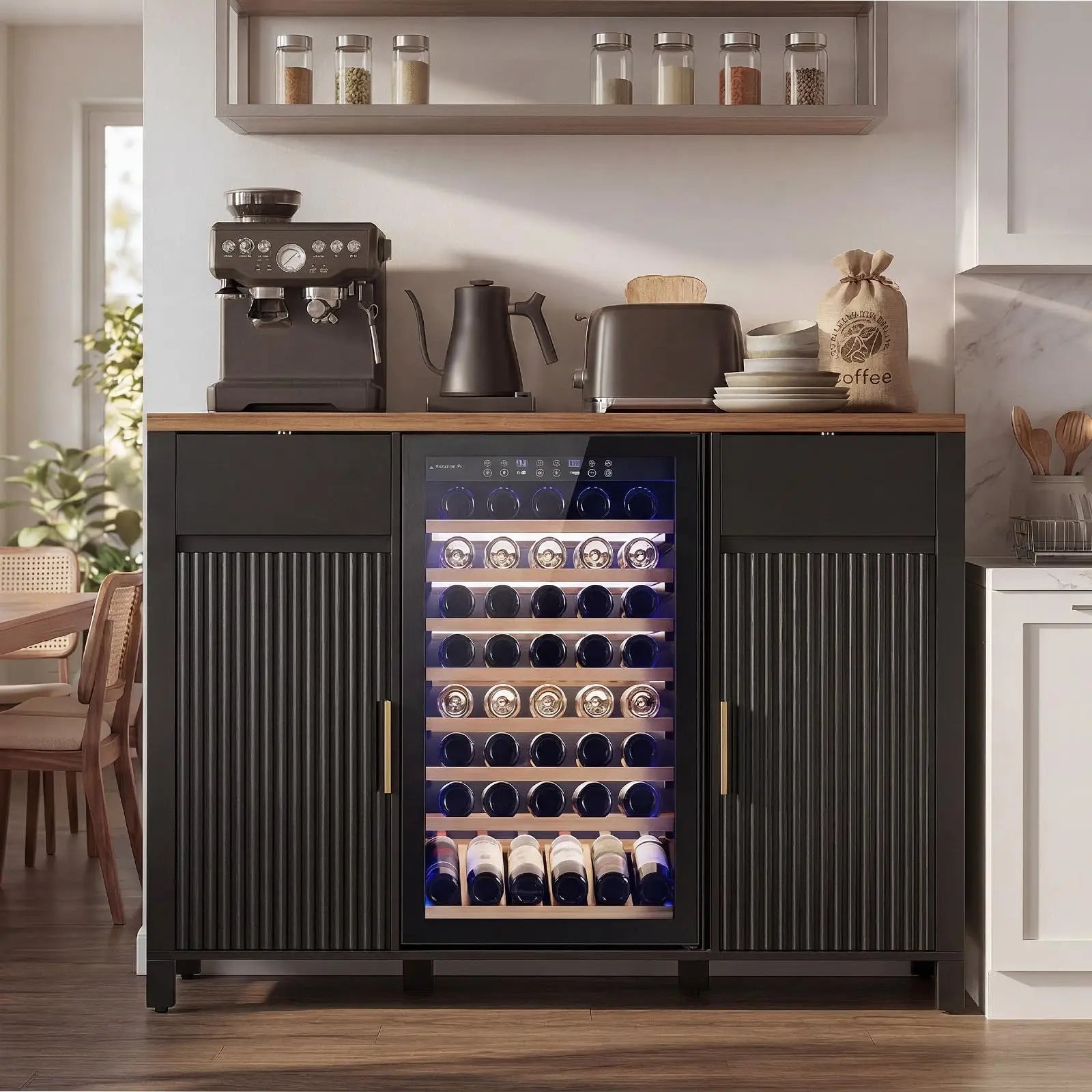 Fluted Coffee Bar Cabinet With Mini Fridge Space