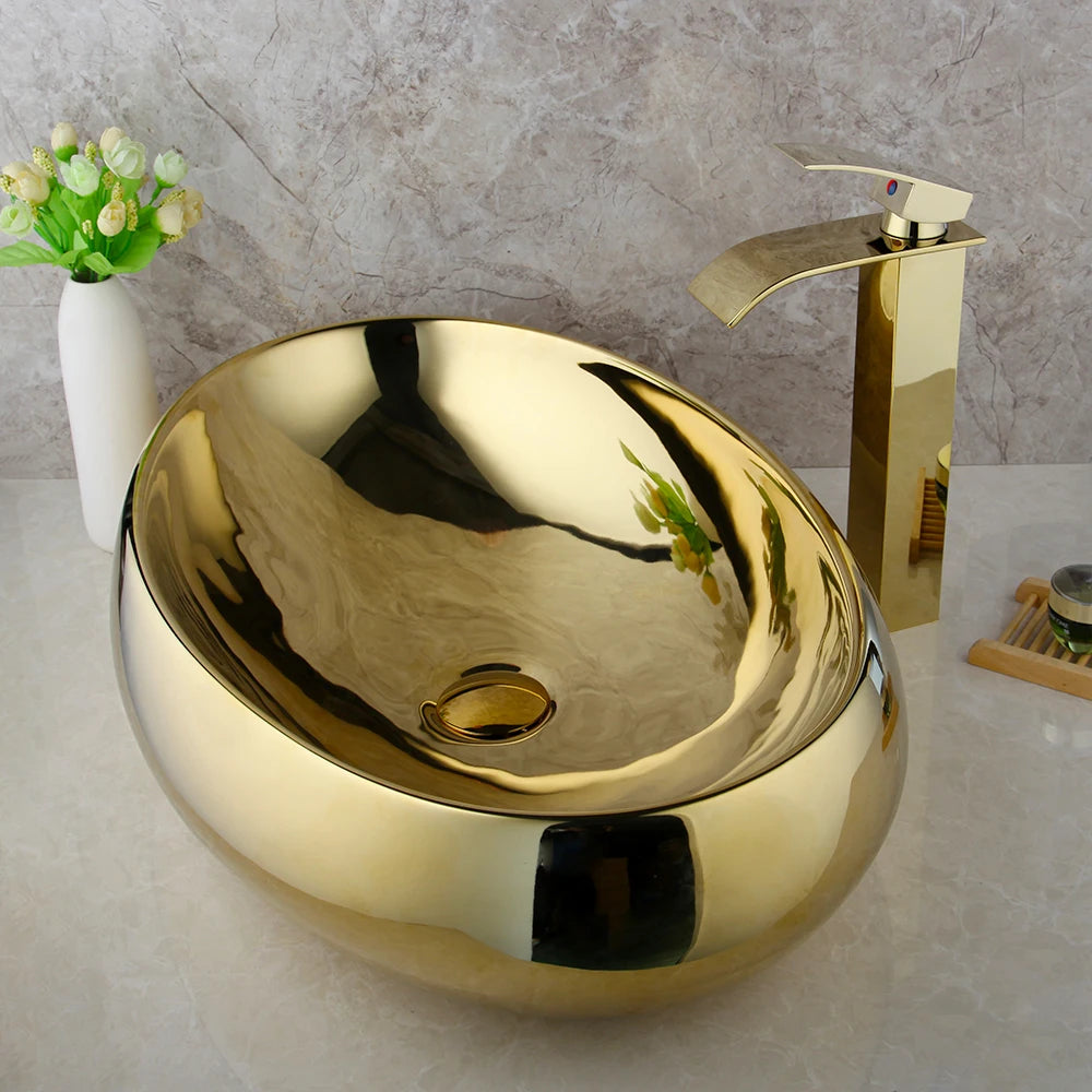 23 Inch Bathroom Vessel Sink Gold Ceramic Bowl