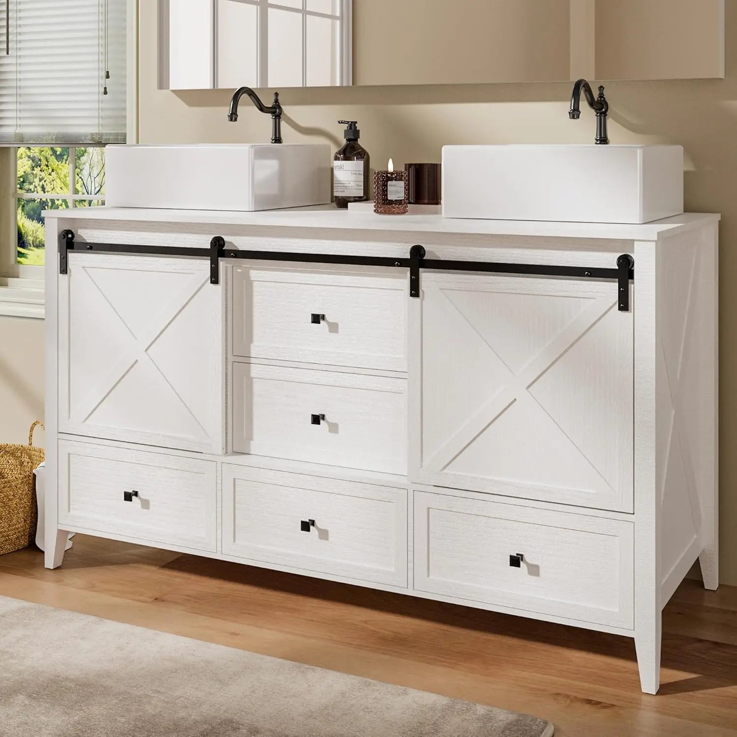 Bathroom Vanity with Sink, 60 Inch Bathroom Vanity Double Sink Ceramic
