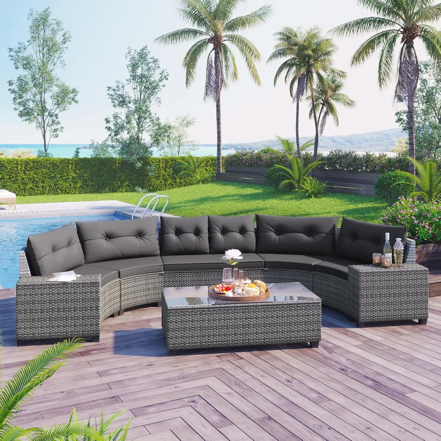 Acacia Wood Half-Moon Outdoor Sofa Set
