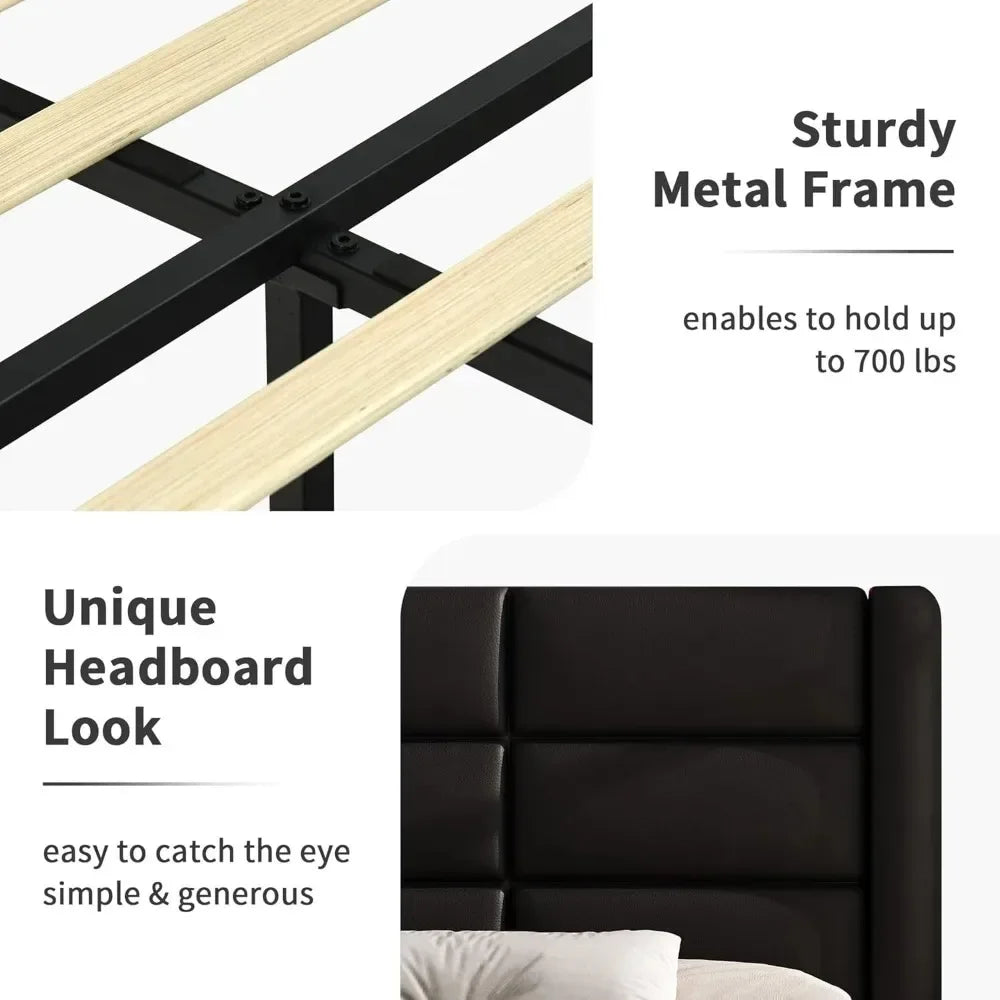 Queen LED Bed Frame with Headboard, Faux Leather Upholstery, Wooden Slats Support, Easy Assembly Black