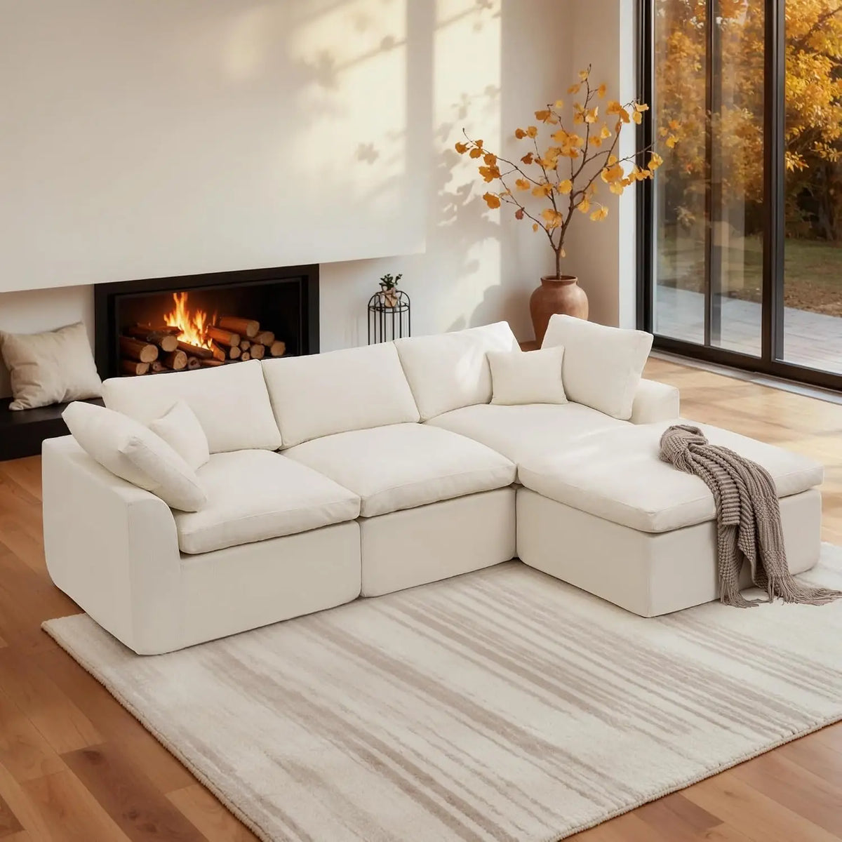 110" Modular Sectional Sofa with Ottoman, Deep Seat Fluffy Chenille, L-Shape Couch