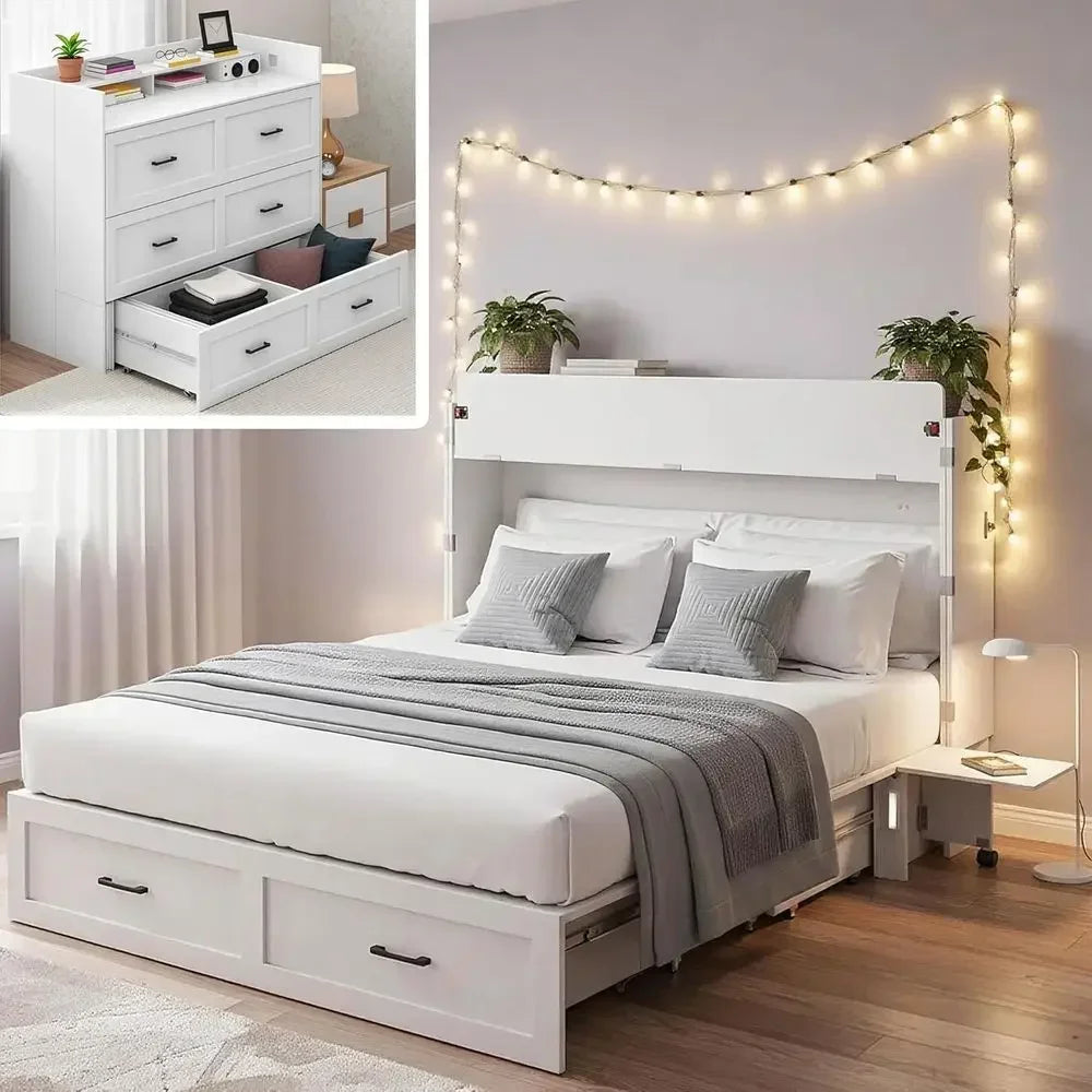 Queen Size Storage & Charging Station Murphy Bed with Motion Sensor Lights, White