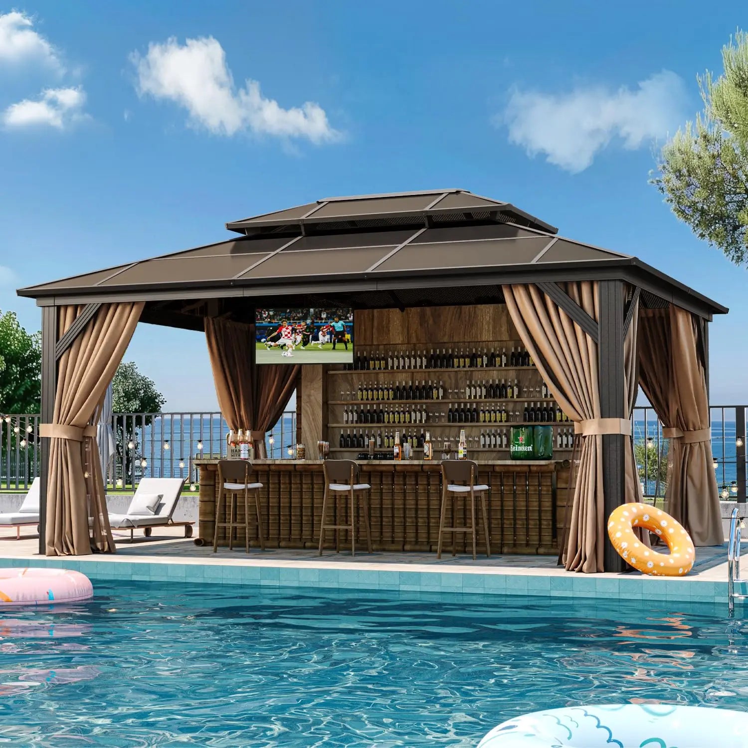 Hardtop Gazebo Double Roof Metal Frame Curtains & Netting
