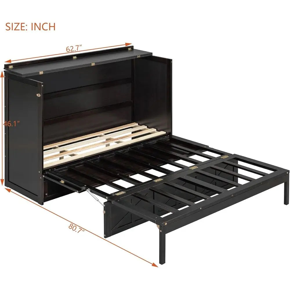 Wooden Queen-Size Murphy Bed with Large Drawers and USB Ports, Brushed Finish