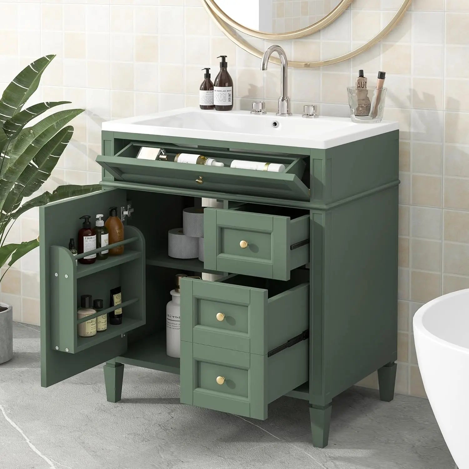 30" Bathroom Vanity Sink Modern Single Door 2 Drawers Tip-Out Drawer