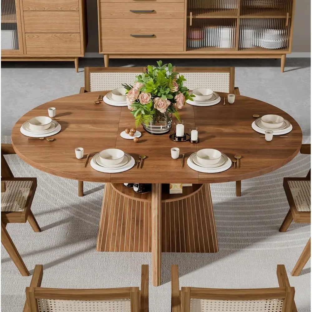 Expandable Round Dining Table 4-8 Seats with Luted Base
