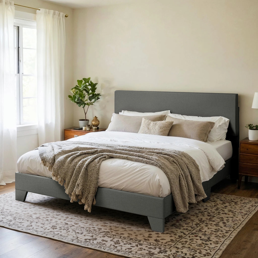 Upholstered Bed Frame with Adjustable Headboard, Soft Linen Fabric