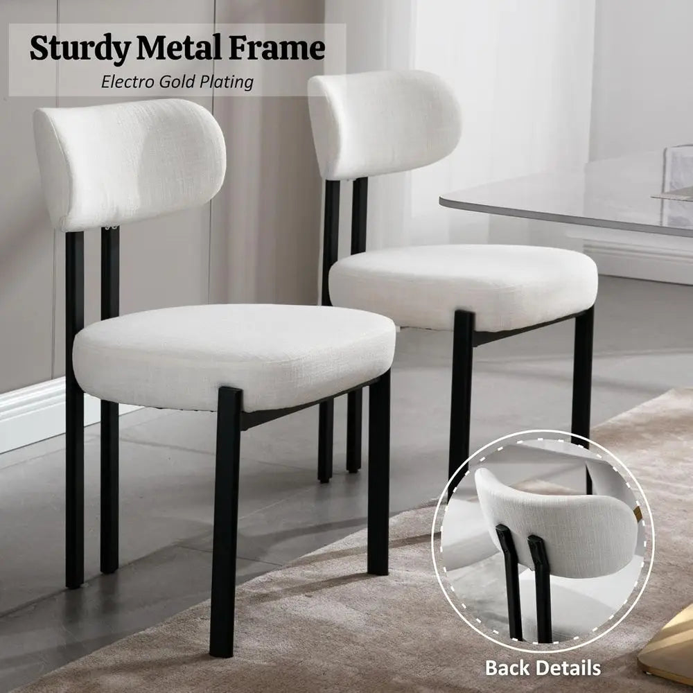 Linen Fabric Dining Chairs Set of 2 with Black Metal Legs