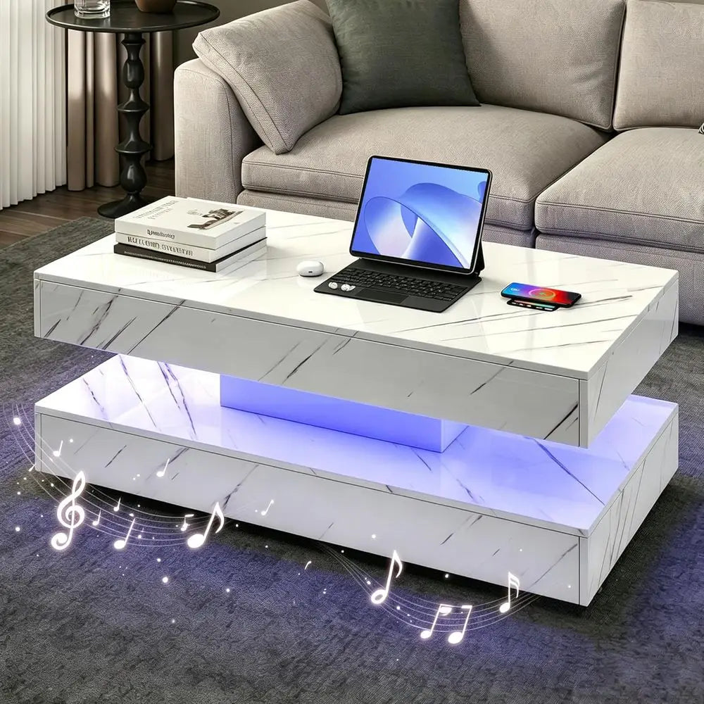 LED Smart Coffee Table with Bluetooth Speaker, Wireless Charging