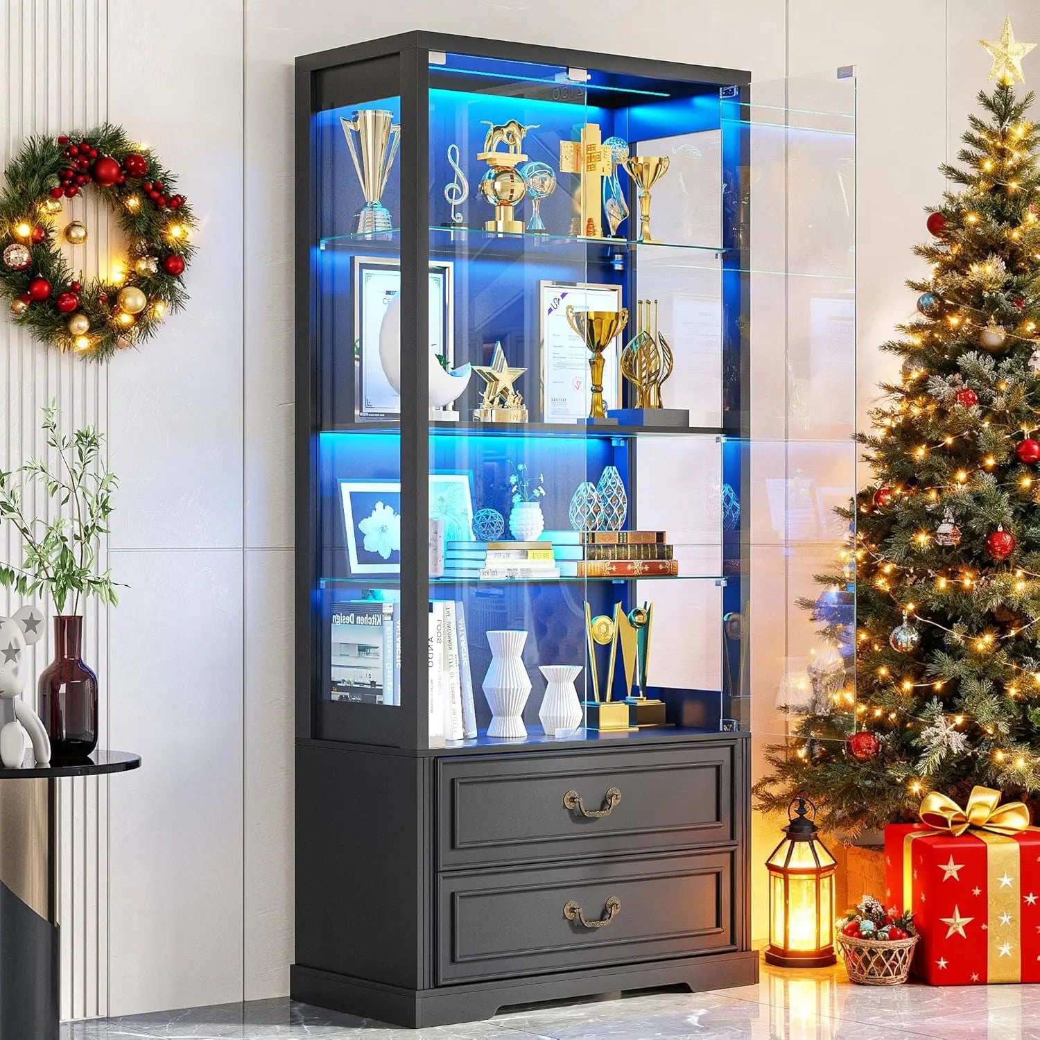 RGB Glass Display Cabinet with Door, 4-Tier Curio Cabinet