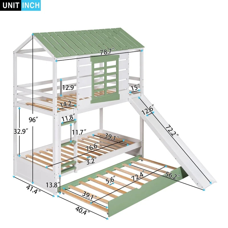 White Green Twin Over Twin Bunk Bed with Slide and Trundle