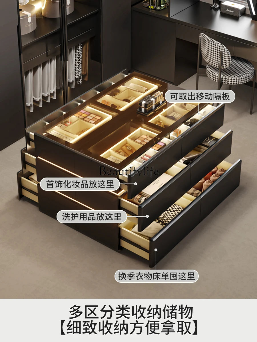 Modern chest of  6 drawers, jewelry cabinet with light