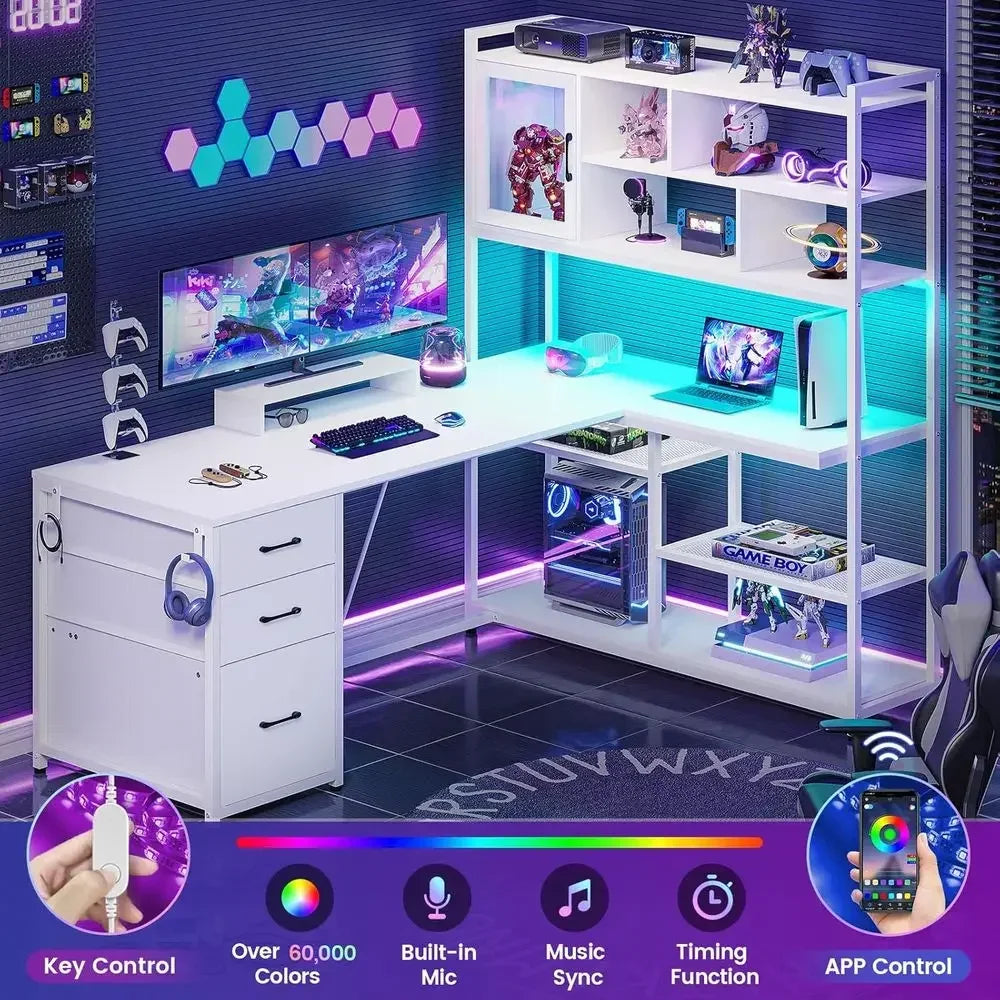 L-Shaped Desk with Storage, 3 Drawers, Bookshelf, LED Lighting