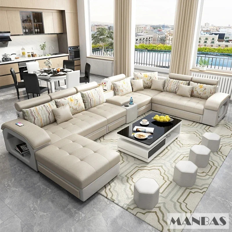 Fabric Sofa Set Furniture, Living Room Sofa Set, with USB and Stools / Big U Shape Cloth Couch Sofas for Home Furniture