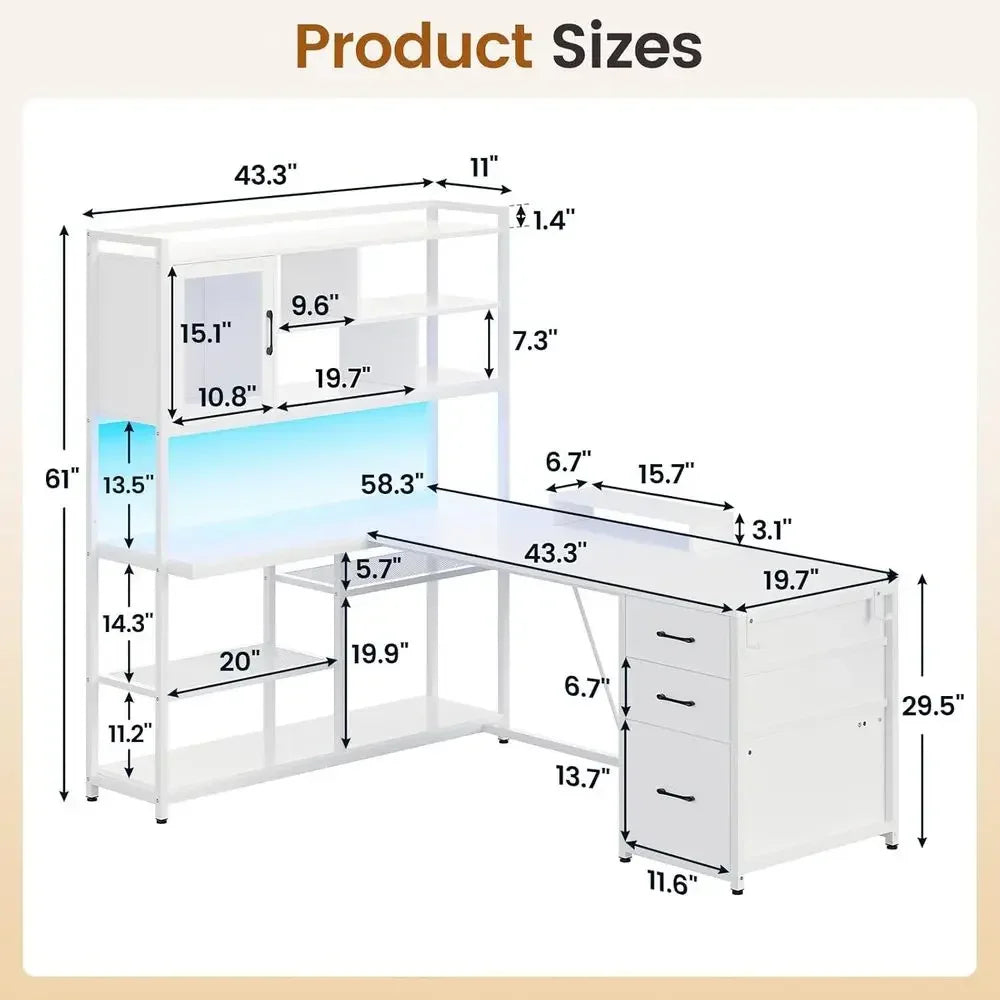 L-Shaped Desk with Storage, 3 Drawers, Bookshelf, LED Lighting
