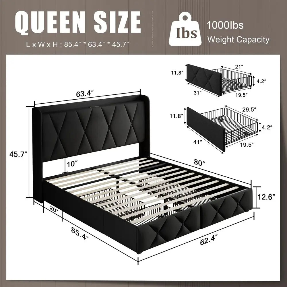 Queen Bed Frame with 4 Storage Drawers and Charging Station