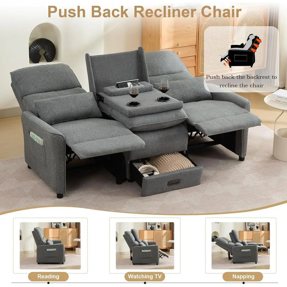 74'' RV 3 Seater Recliner Soa, Linen abric Three Camper Couch 3 Seater Recliner, Home Movie Theater Seating Chair, 3 Person Push