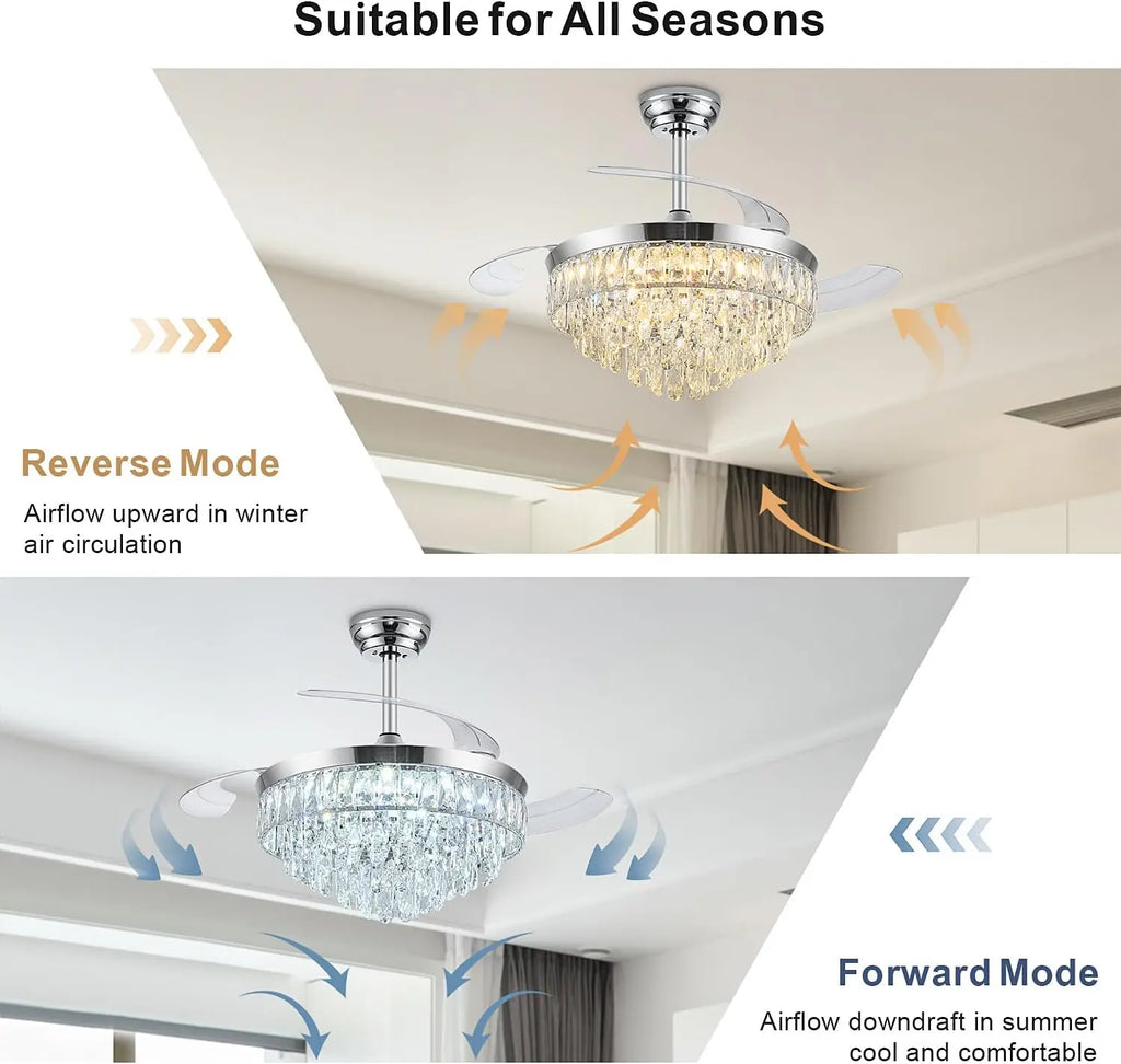 42 Inch Chrome Retractable Ceiling Fan With Light, Remote