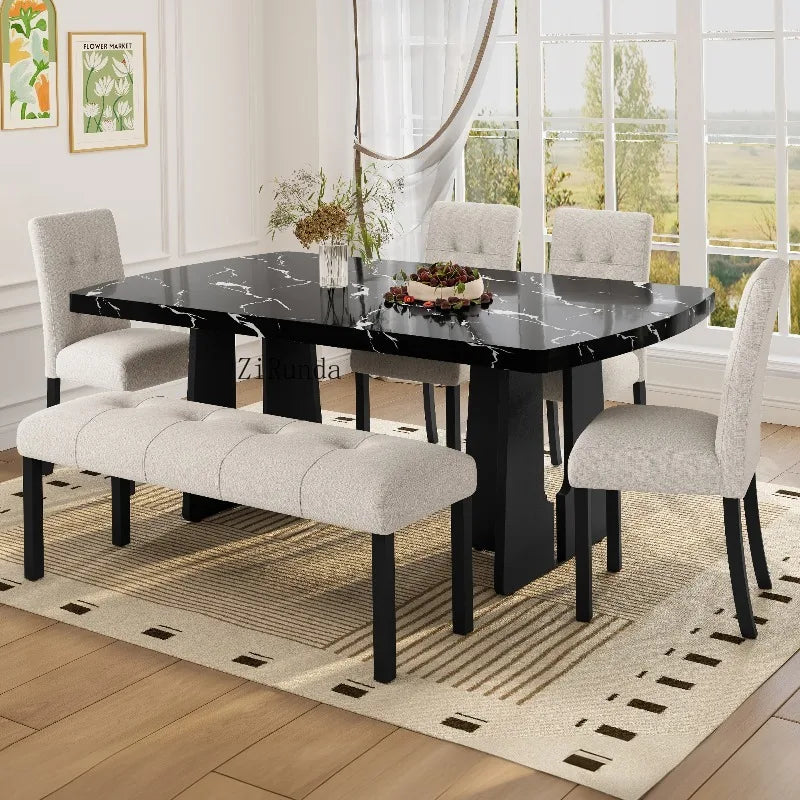 6 Piece Modern Dining Table Set, 63" Faux Marble Dining Table