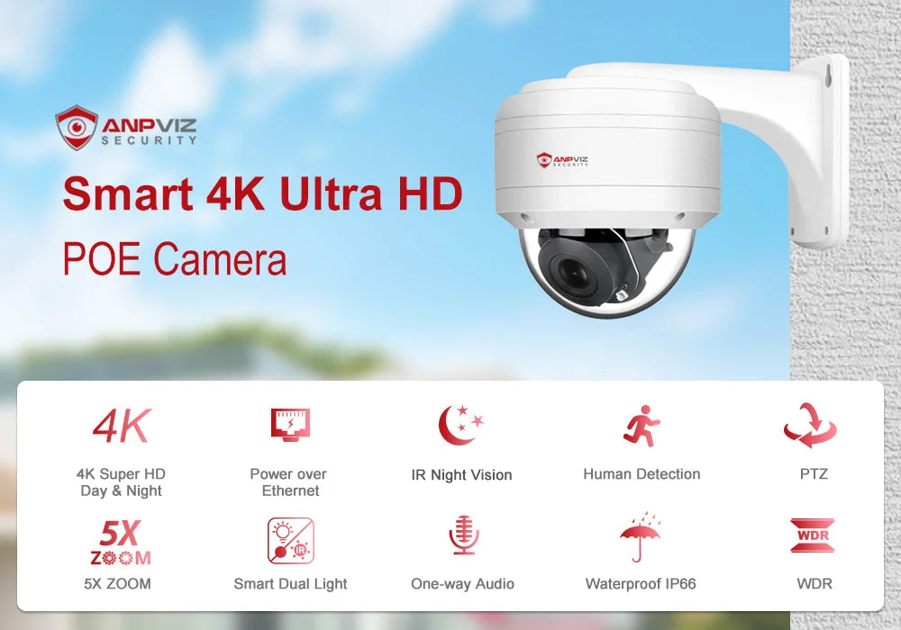 Smart 4k 8MP POE IP PTZ Camera 5X Optical  Zoom Audio Camera