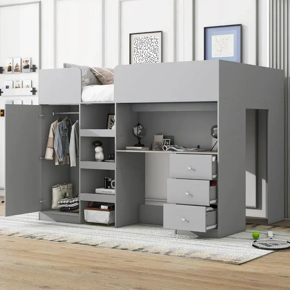 Full-Size Multi-Function Loft Bed with Integrated Wardrobe, Desk, and Storage for Kids