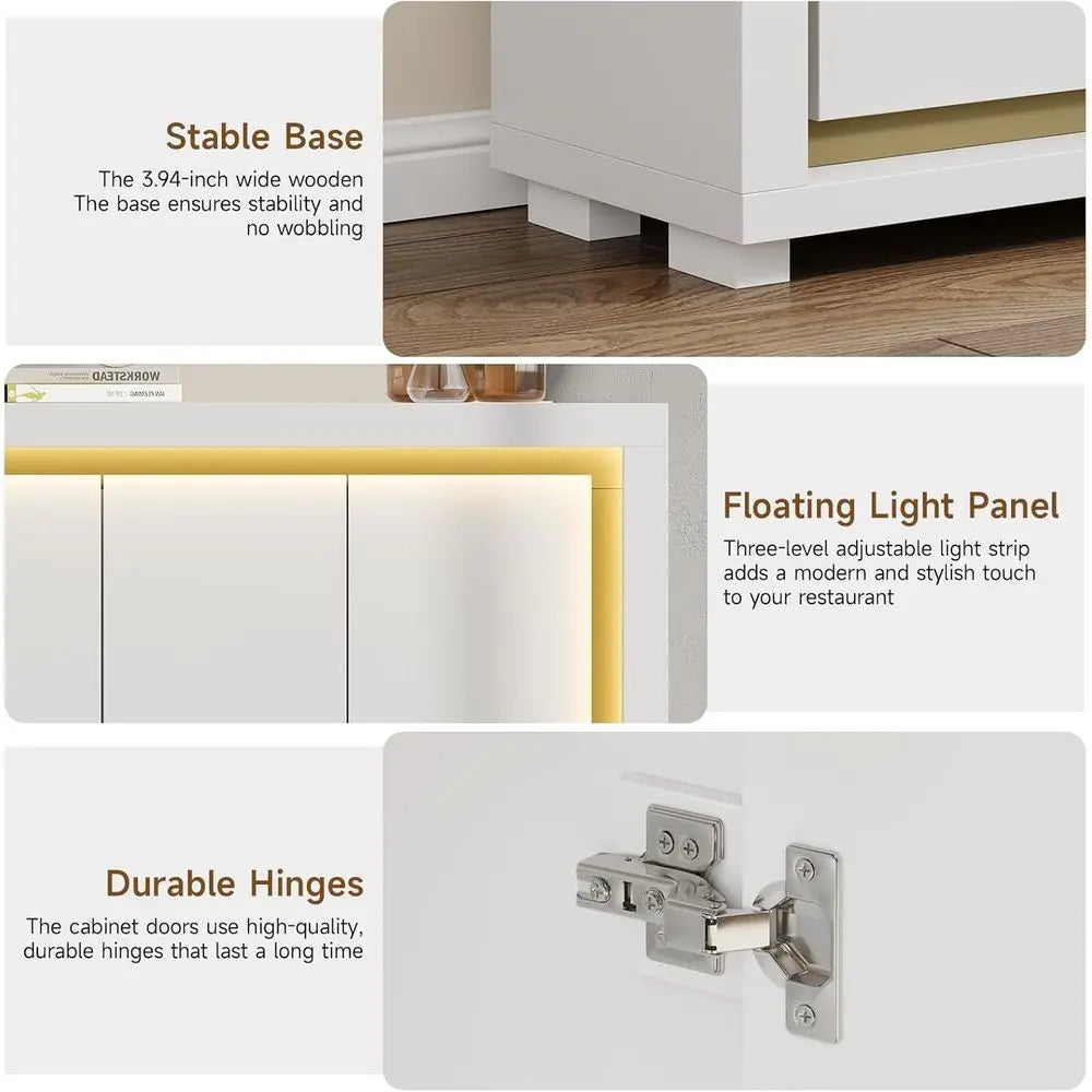 Kitchen Sideboard Cabinet with Power Outlets, LED Light, 4 Doors - White