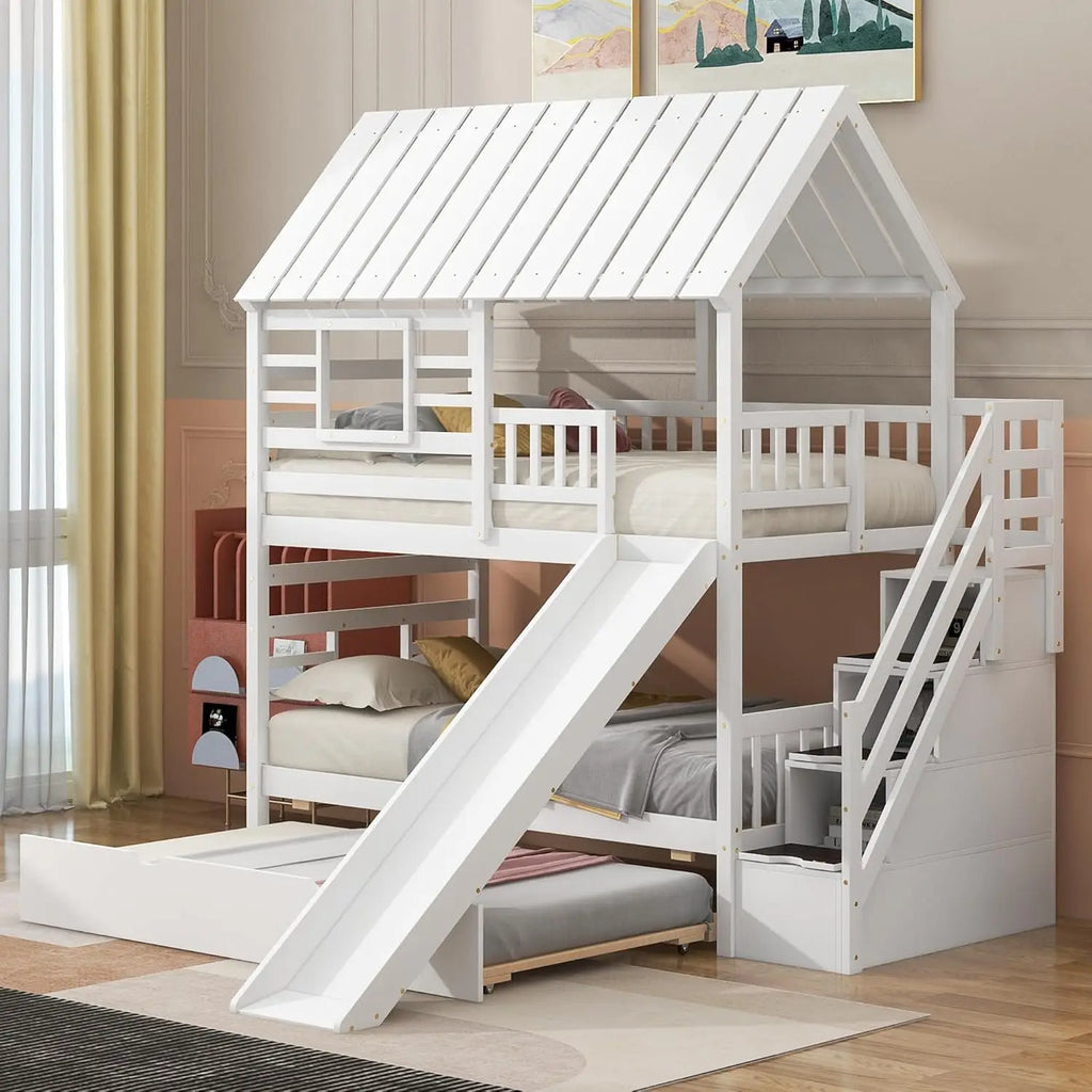 Twin Over Twin House Bunk Bed with Slide & Trundle