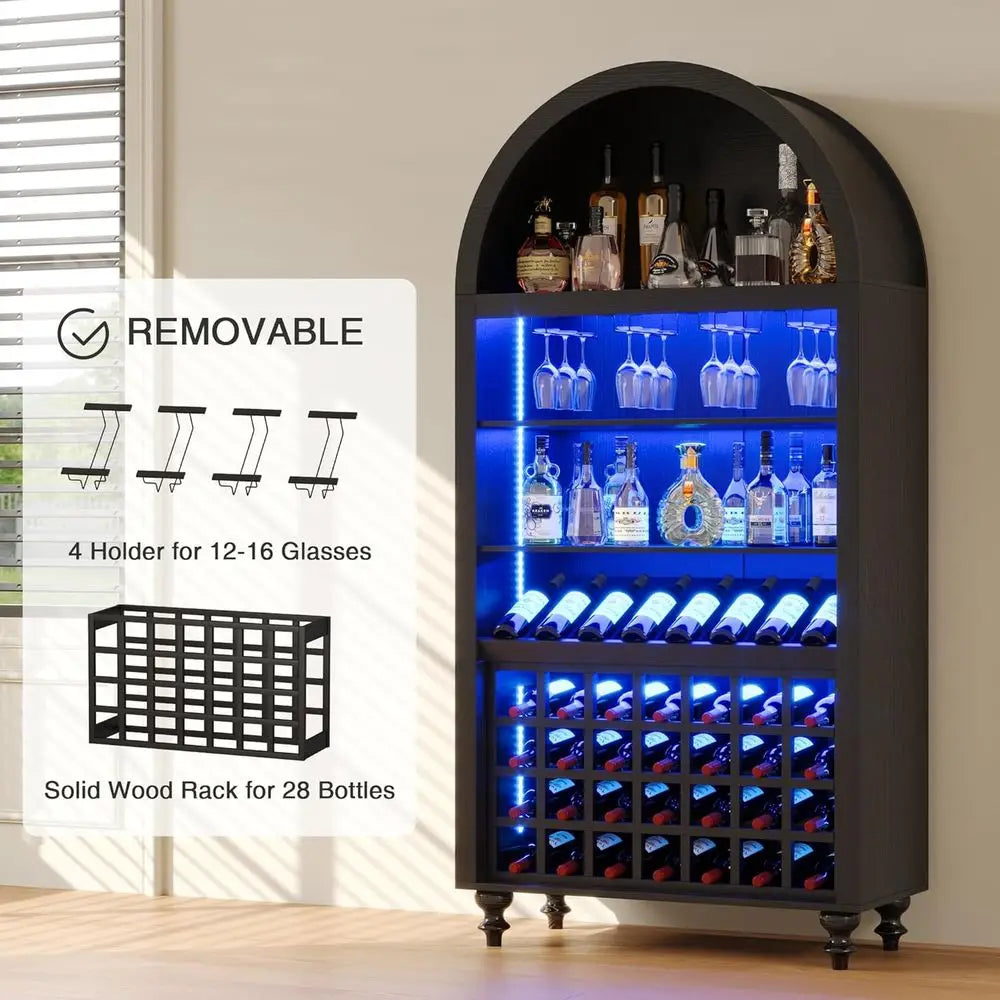 Arched Wine Bar Cabinet with Racks, Glass Holder, LED Lights, Charging Ports for Kitchen