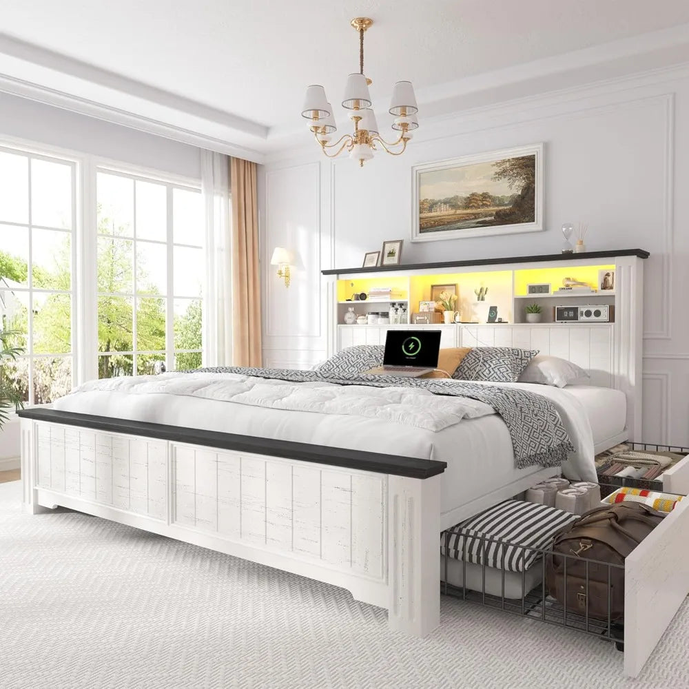 White Queen Bed Frame with Headboard and Storage, LED