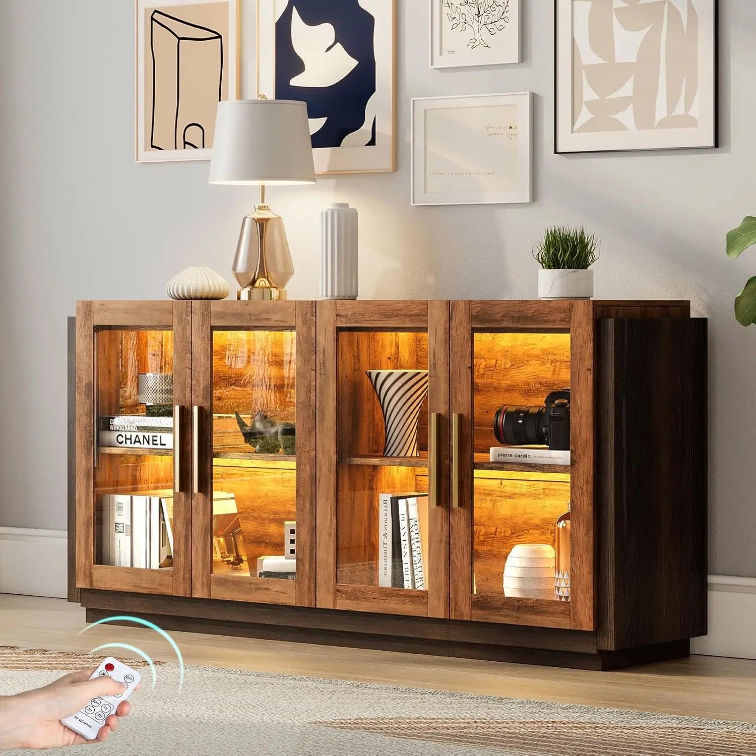 Sideboard Buffet Cabinet, Mixed Color Accent Cabinet with LED Lights