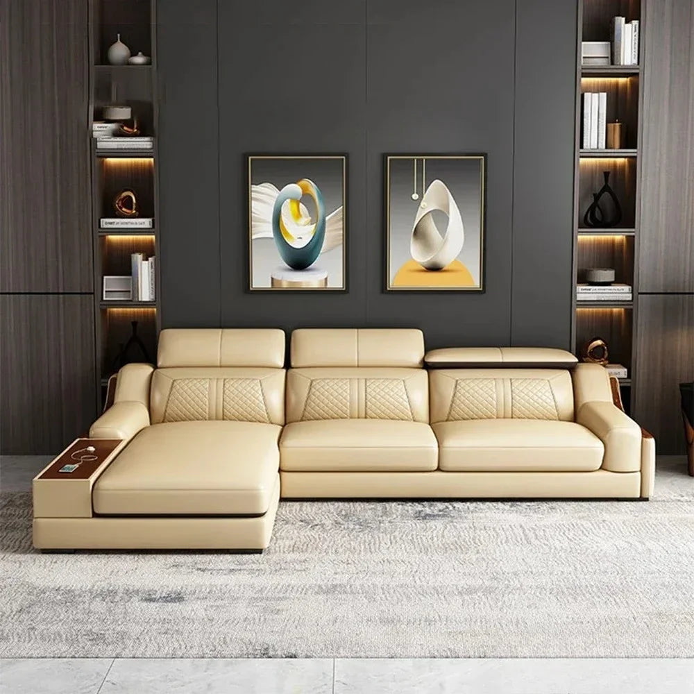Stylish Italian Genuine Leather Sofa for Living Room with USB, Adjustable Headrests & Bluetooth Speaker