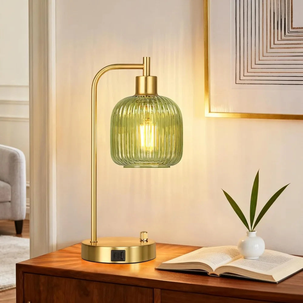 Industrial Table Lamp Set of 2, Green Glass