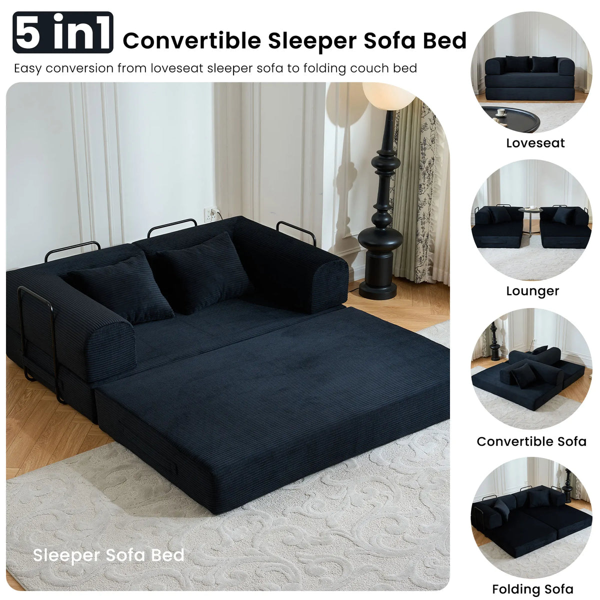 59" Boneless Folding Convertible Sofa Bed, Small 2-Seater Corduroy Futon Floor Couch