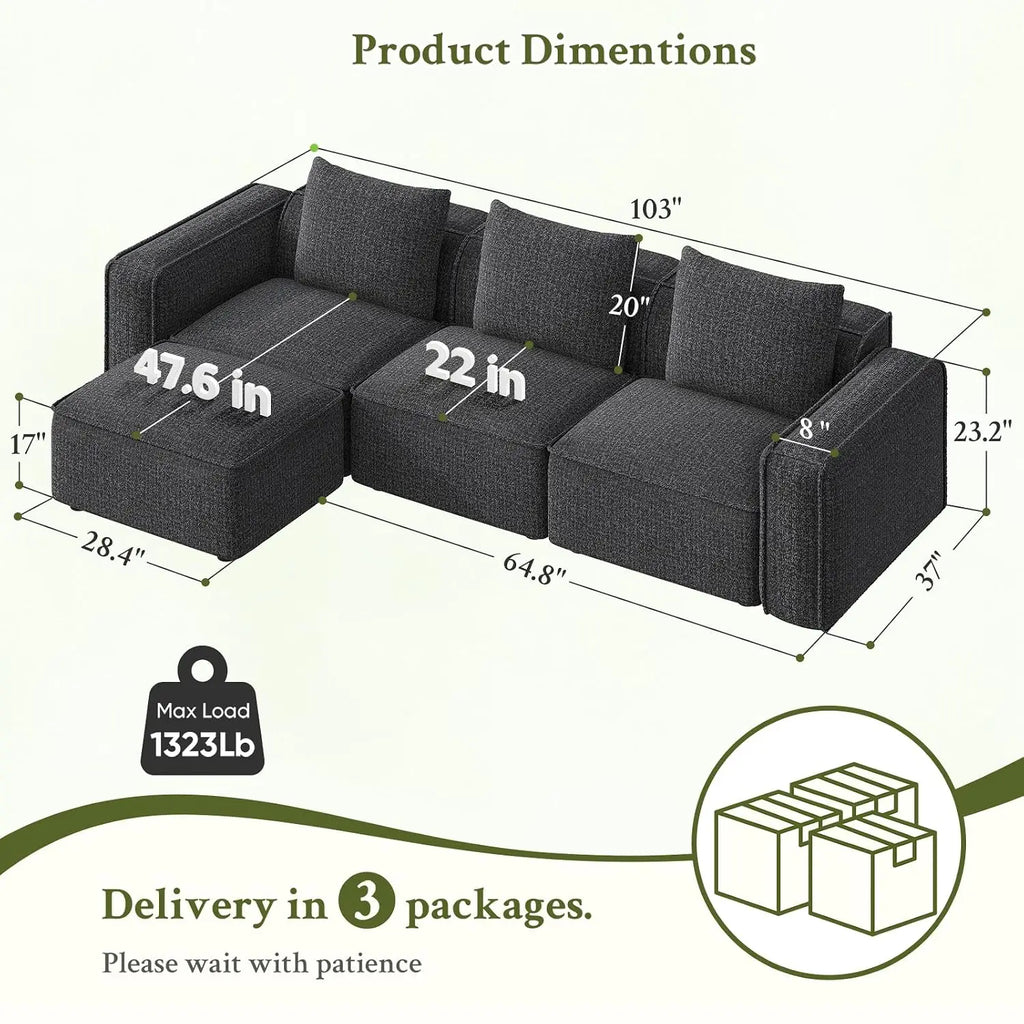 103" Sectional Couch, Modular Sofa, Wood Frame, Deep Seat L Shaped