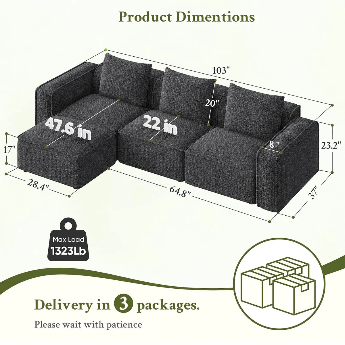 103" Sectional Couch, Modular Sofa, Wood Frame, Deep Seat L Shaped