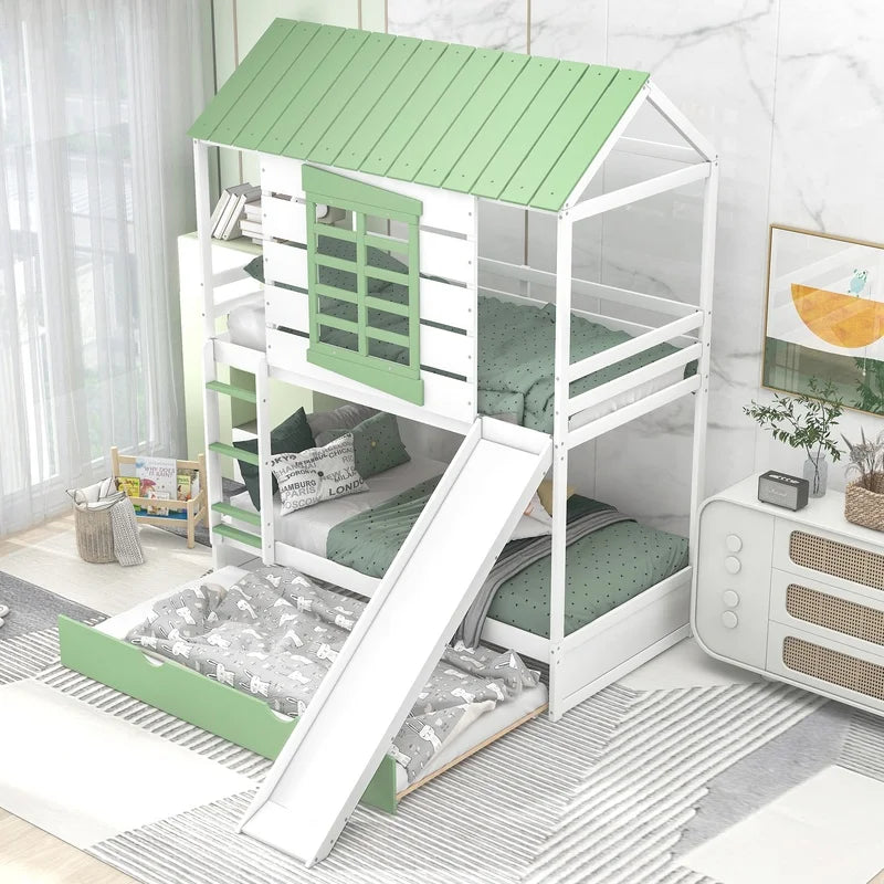 White Green Twin Over Twin Bunk Bed with Slide and Trundle