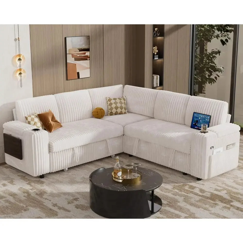 86 Sectional Sofa with Pull-Out Bed, 5-Seat L-Shaped Corduroy Couch,