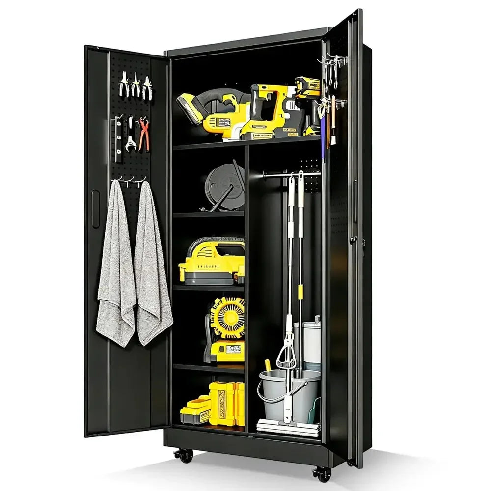 Tall Broom Closet Storage Cabinet with Lock,Heavy Duty Garage Storage Cabinet,Large Cleaning Cabinet with Adjustable Shelves am