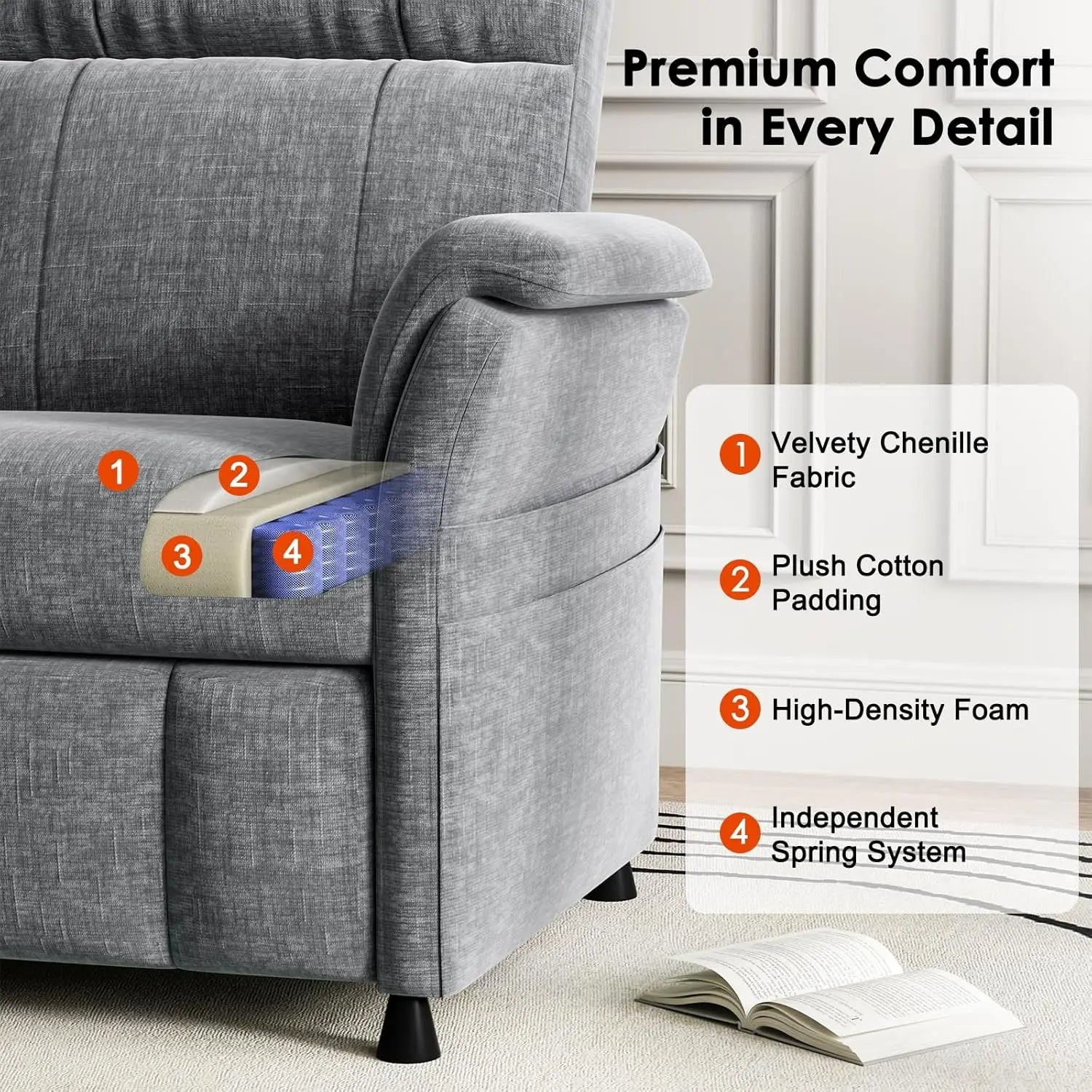Power Recliner Chair Adjustable Chenille with Pocket Remote